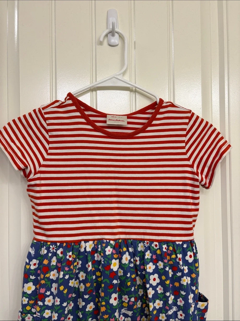 Hanna Andersson Red & Blue Floral Mixed-Print Dress Stripes, flowers, bunnies